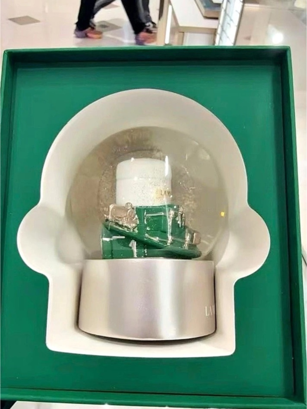 La Mer Holiday Snow Globe Ornament Green & Silver